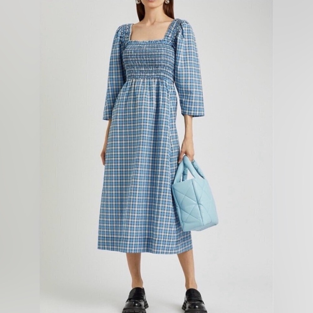 Ganni Blue Checkered Long Sleeve Dress